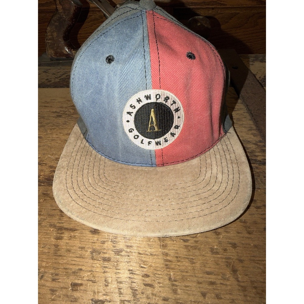 VTG Ashworth Golfwear Hat Vintage Multicolor Adjustable leather & denim